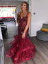 Spaghetti Straps Mermaid Burgundy Tulle Sequins Prom Dress with Ruffles LBQ2219